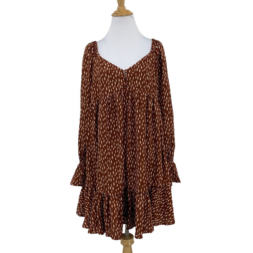 New In Dress Women M Medium Brown Lined Spotted Flounce Hem Bell Sleeves Stretch